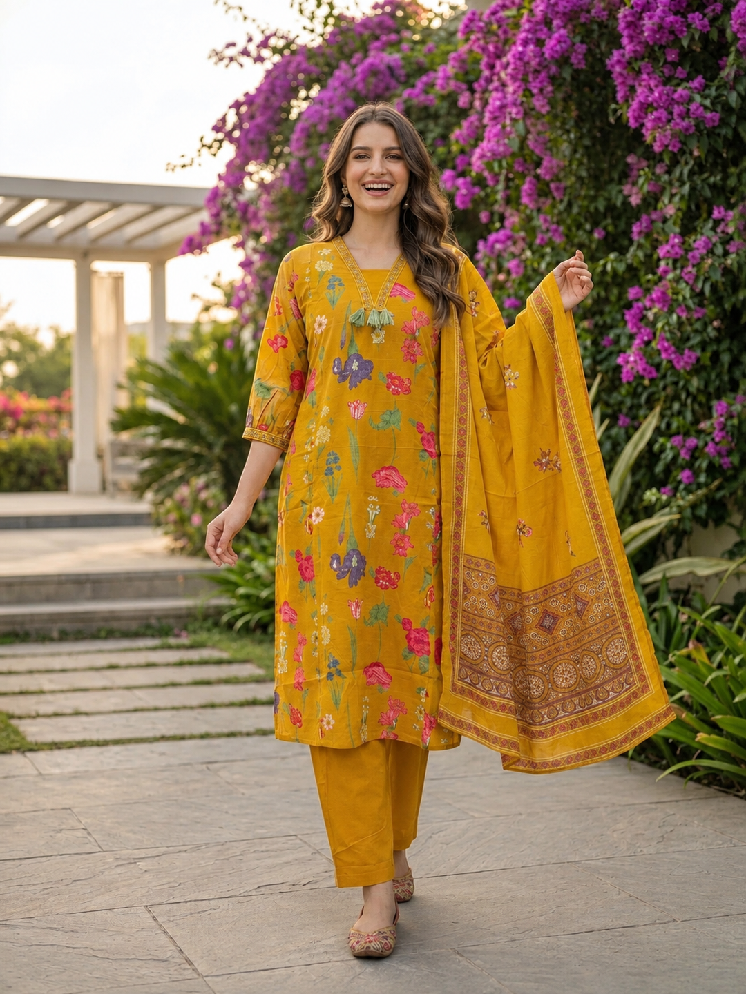 Mustard Yellow Floral Cotton Kurta Set with Thread & Sequin Embroidery, Pant & Printed Dupatta