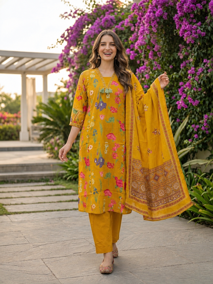 Mustard Yellow Floral Cotton Kurta Set with Thread & Sequin Embroidery, Pant & Printed Dupatta