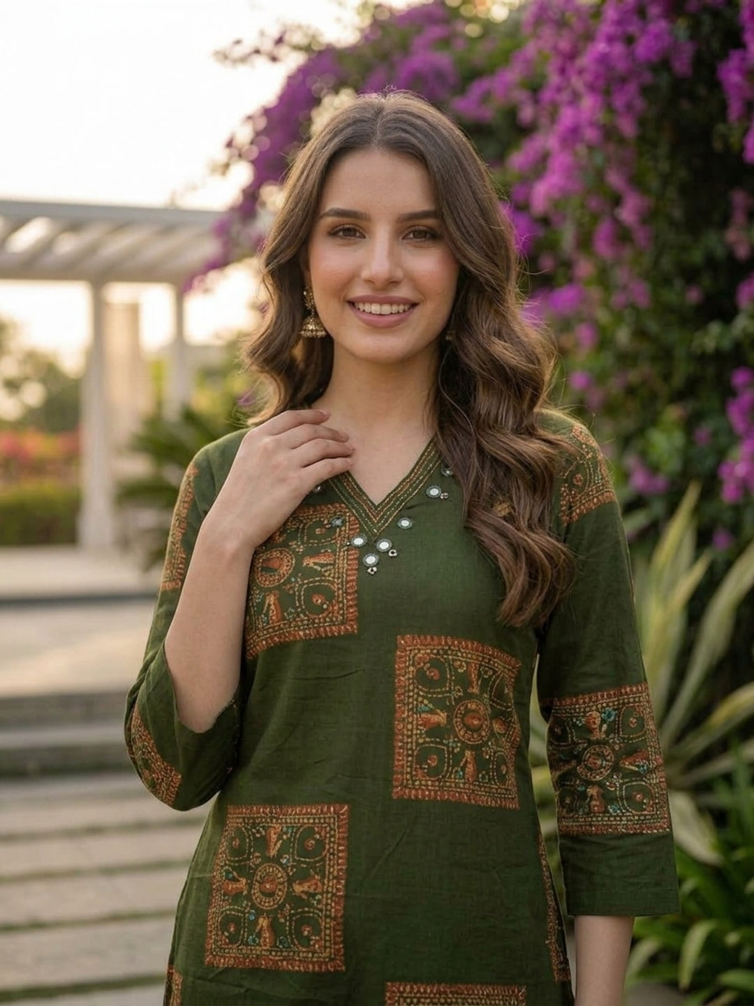 Olive Green Printed Cotton Kurta Set with Mirror Work, Pant & Dupatta