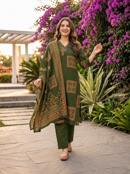 Olive Green Printed Cotton Kurta Set with Mirror Work, Pant & Dupatta