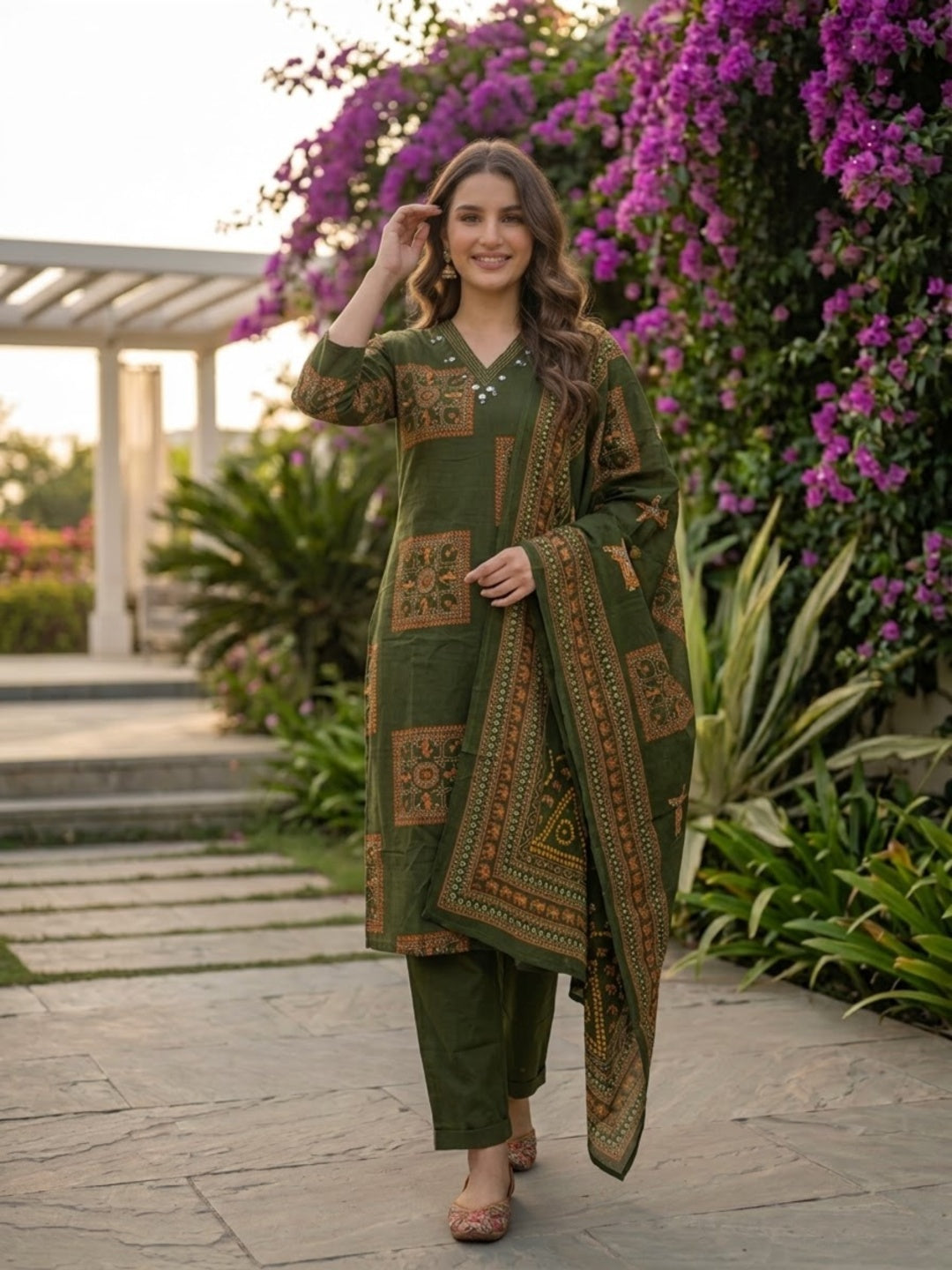 Olive Green Printed Cotton Kurta Set with Mirror Work, Pant & Dupatta
