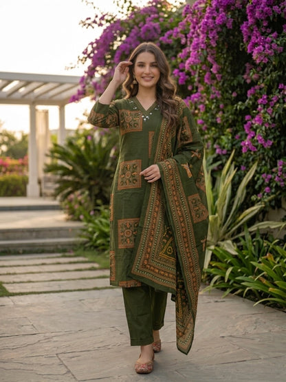 Olive Green Printed Cotton Kurta Set with Mirror Work, Pant & Dupatta