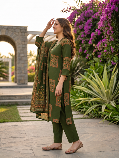 Olive Green Printed Cotton Kurta Set with Mirror Work, Pant & Dupatta