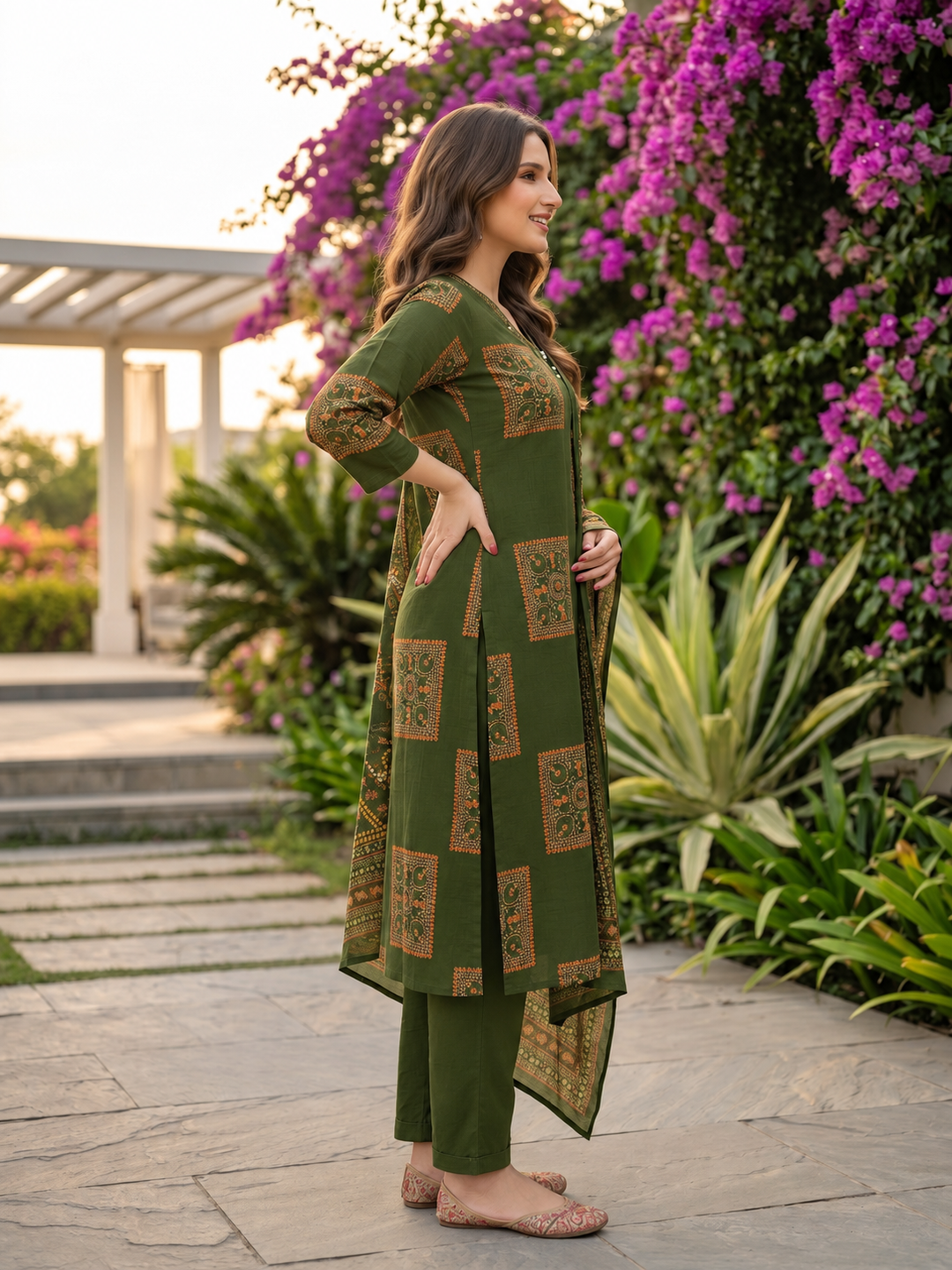 Olive Green Printed Cotton Kurta Set with Mirror Work, Pant & Dupatta