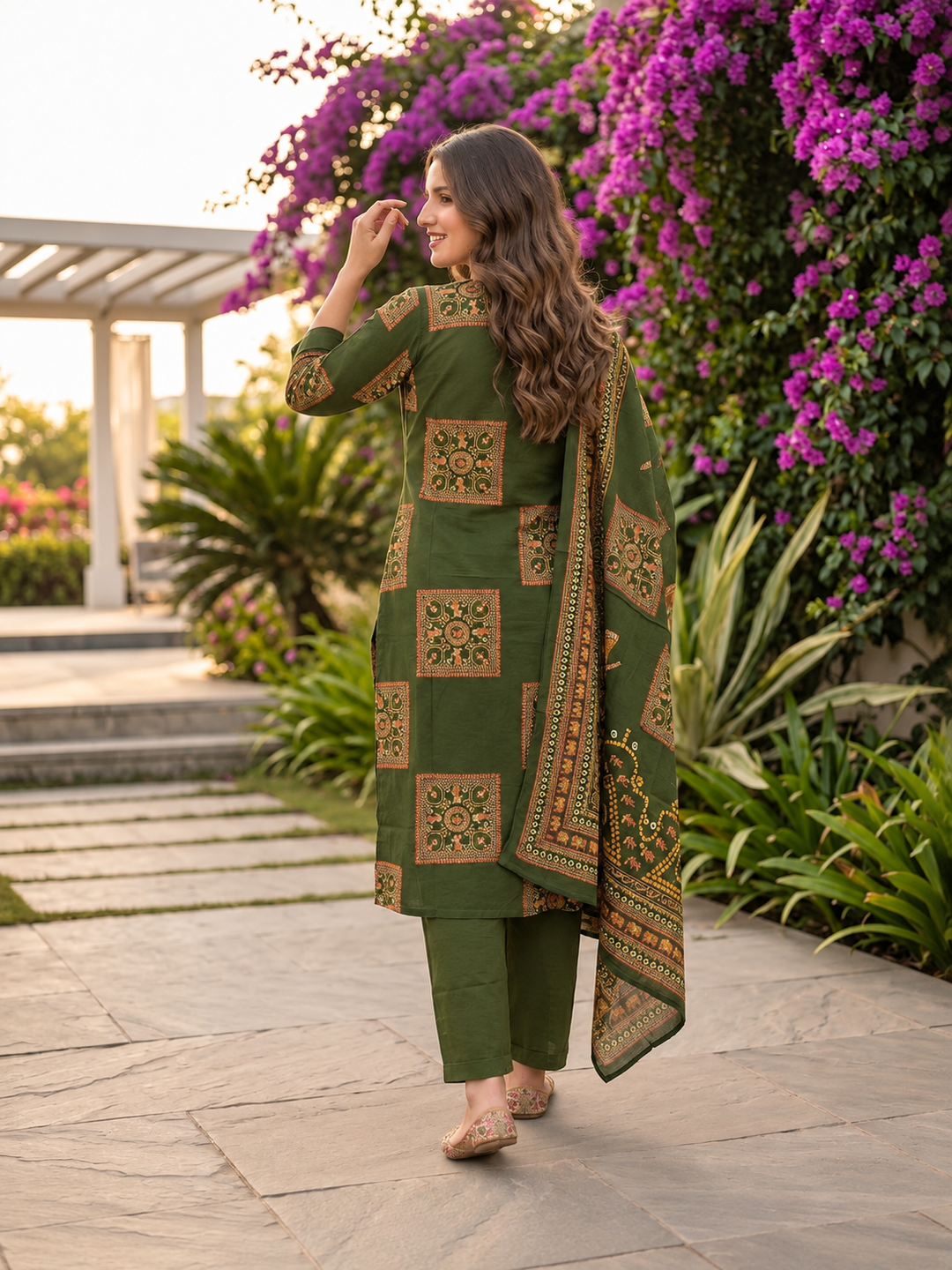 Olive Green Printed Cotton Kurta Set with Mirror Work, Pant & Dupatta