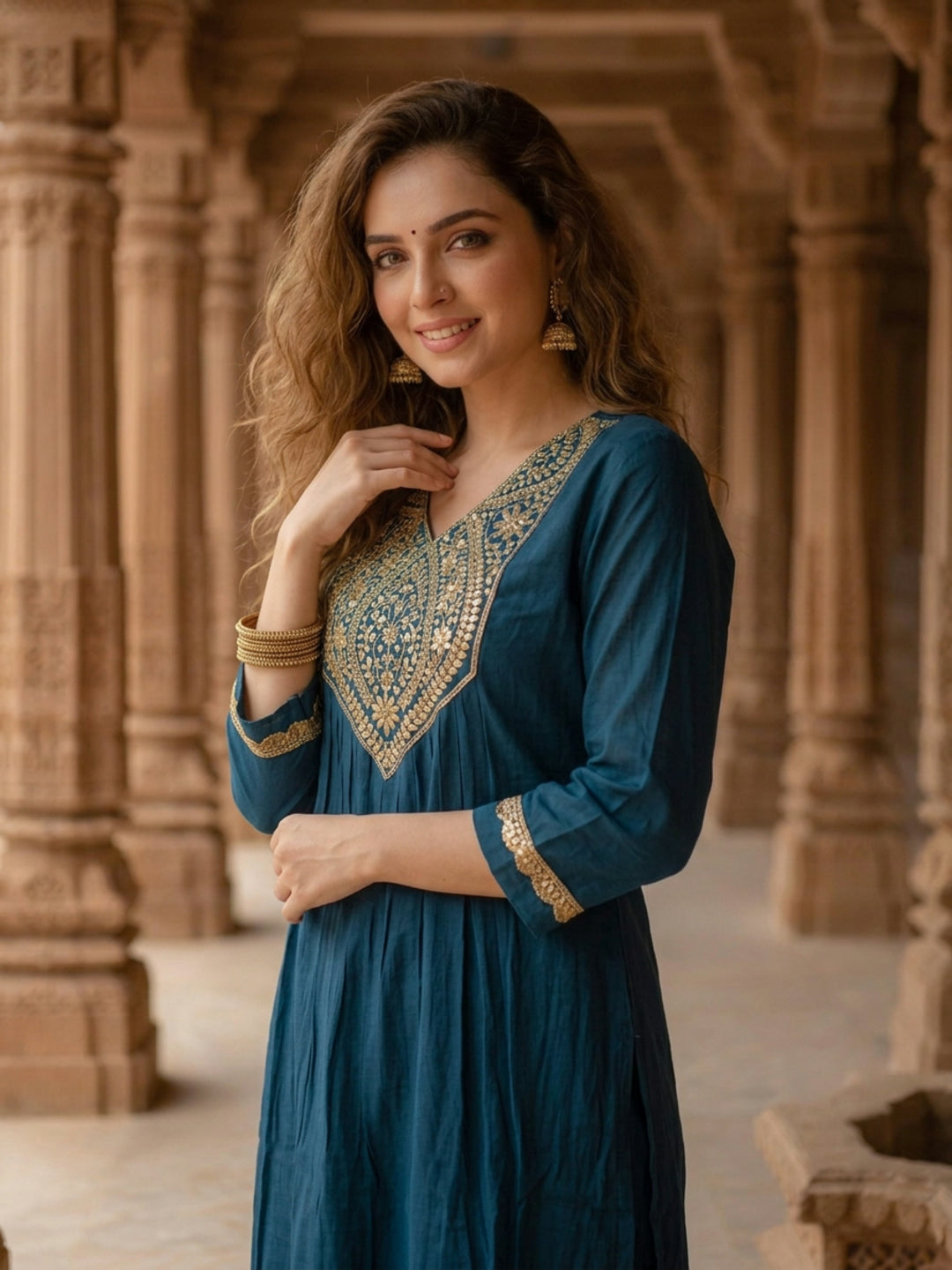 Teal Blue Chanderi Silk Kurta Set with Gota Patti & Embroidery, Palazzo & Dupatta