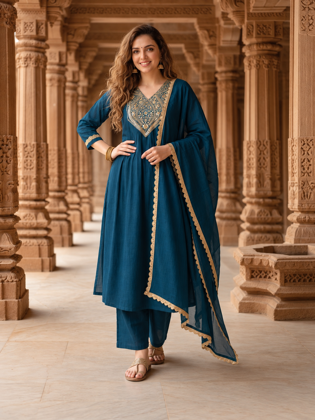 Teal Blue Chanderi Silk Kurta Set with Gota Patti & Embroidery, Palazzo & Dupatta