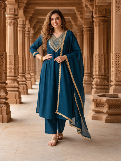 Teal Blue Chanderi Silk Kurta Set with Gota Patti & Embroidery, Palazzo & Dupatta