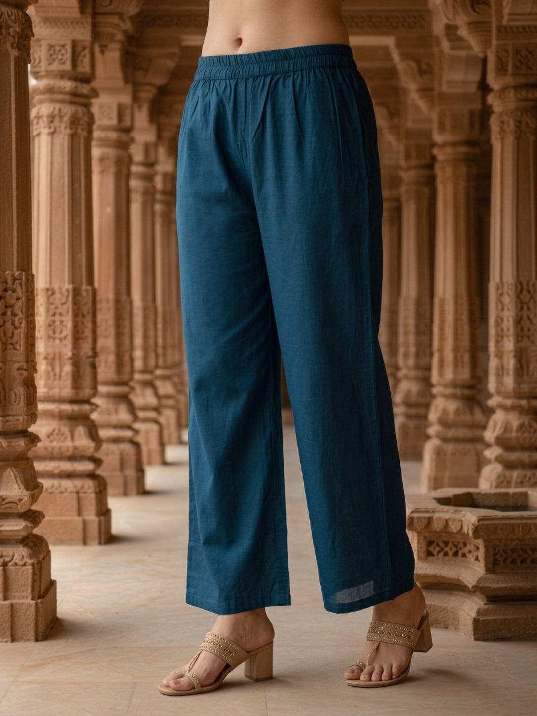 Teal Blue Chanderi Silk Kurta Set with Gota Patti & Embroidery, Palazzo & Dupatta