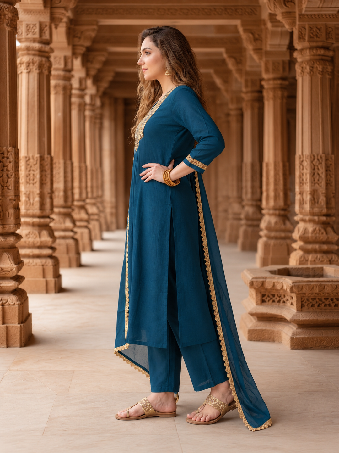 Teal Blue Chanderi Silk Kurta Set with Gota Patti & Embroidery, Palazzo & Dupatta