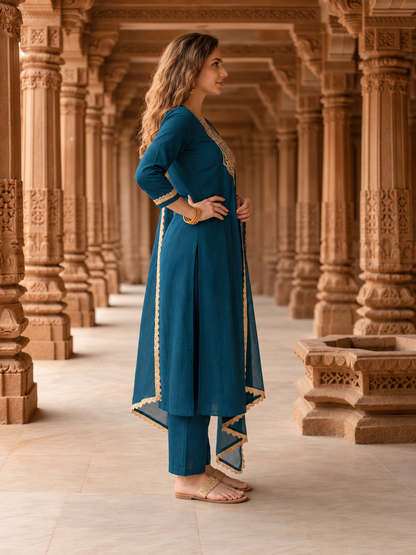Teal Blue Chanderi Silk Kurta Set with Gota Patti & Embroidery, Palazzo & Dupatta