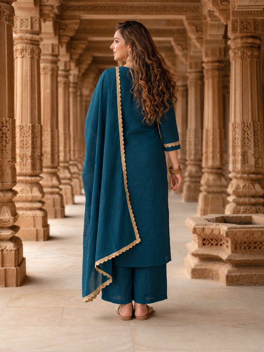 Teal Blue Chanderi Silk Kurta Set with Gota Patti & Embroidery, Palazzo & Dupatta
