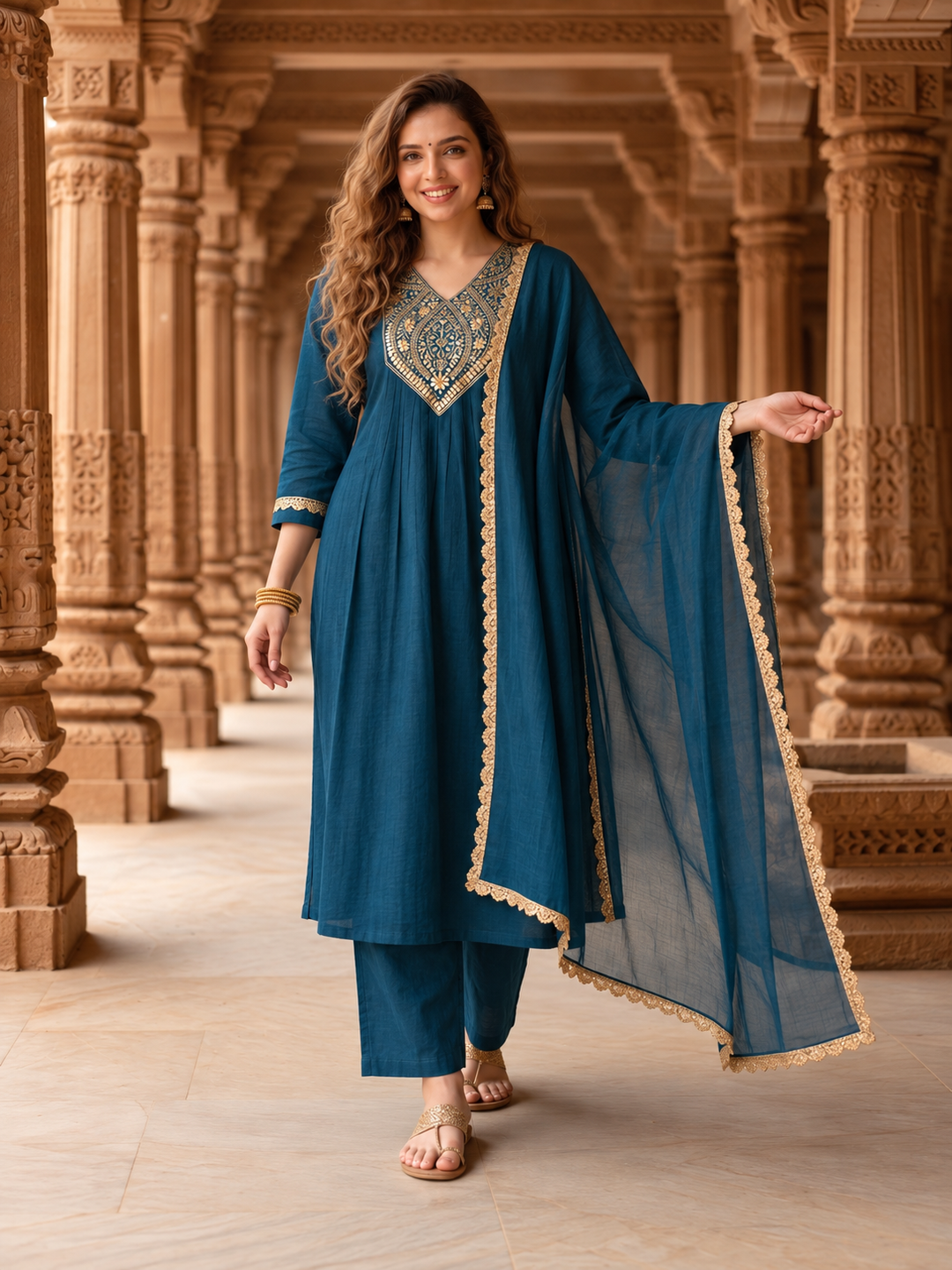 Teal Blue Chanderi Silk Kurta Set with Gota Patti & Embroidery, Palazzo & Dupatta