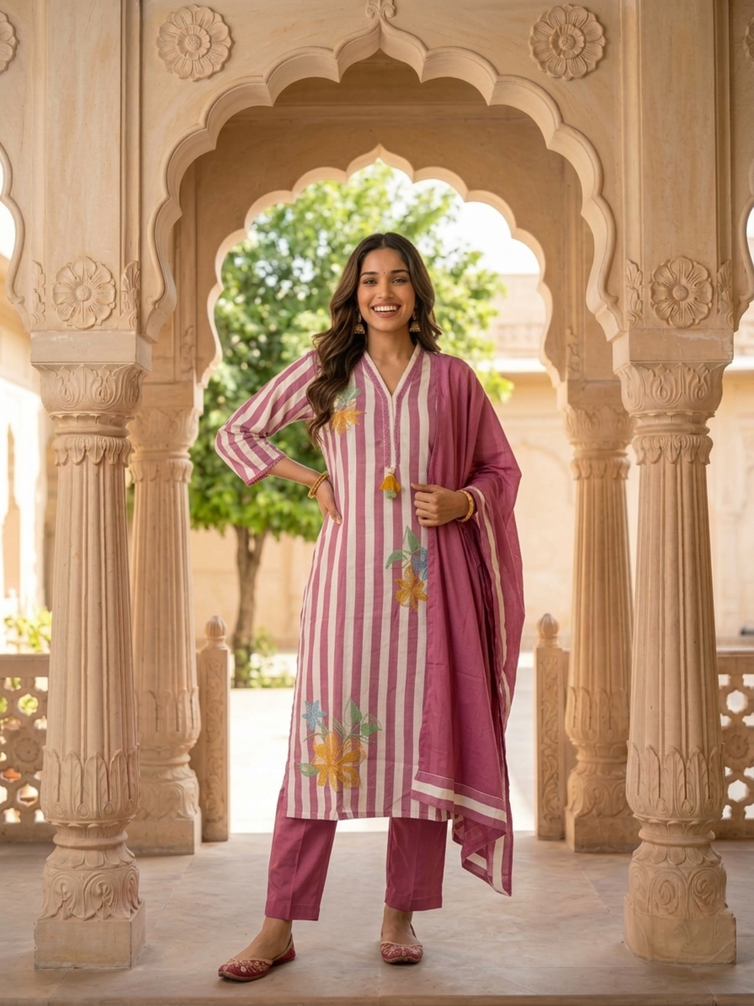 Mauve Striped Cotton Kurta Set with Floral Embroidery & Lace, Palazzo & Dupatta