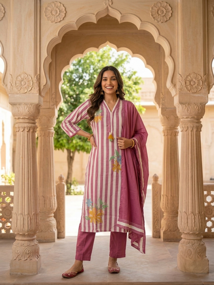 Mauve Striped Cotton Kurta Set with Floral Embroidery & Lace, Palazzo & Dupatta