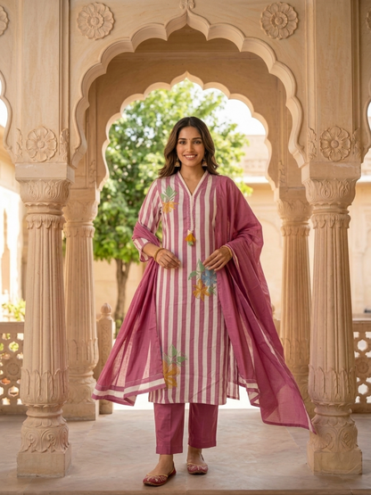 Mauve Striped Cotton Kurta Set with Floral Embroidery & Lace, Palazzo & Dupatta