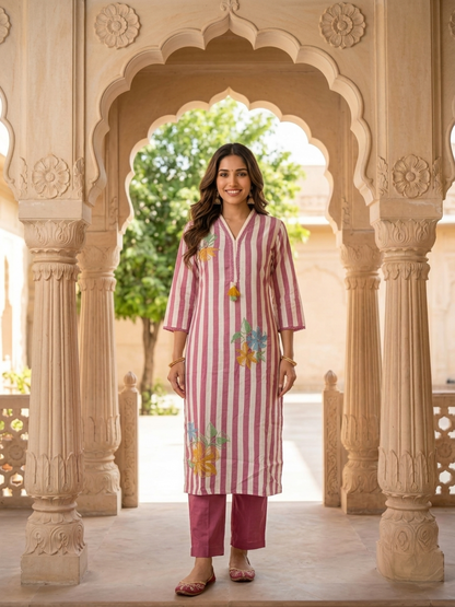 Mauve Striped Cotton Kurta Set with Floral Embroidery & Lace, Palazzo & Dupatta