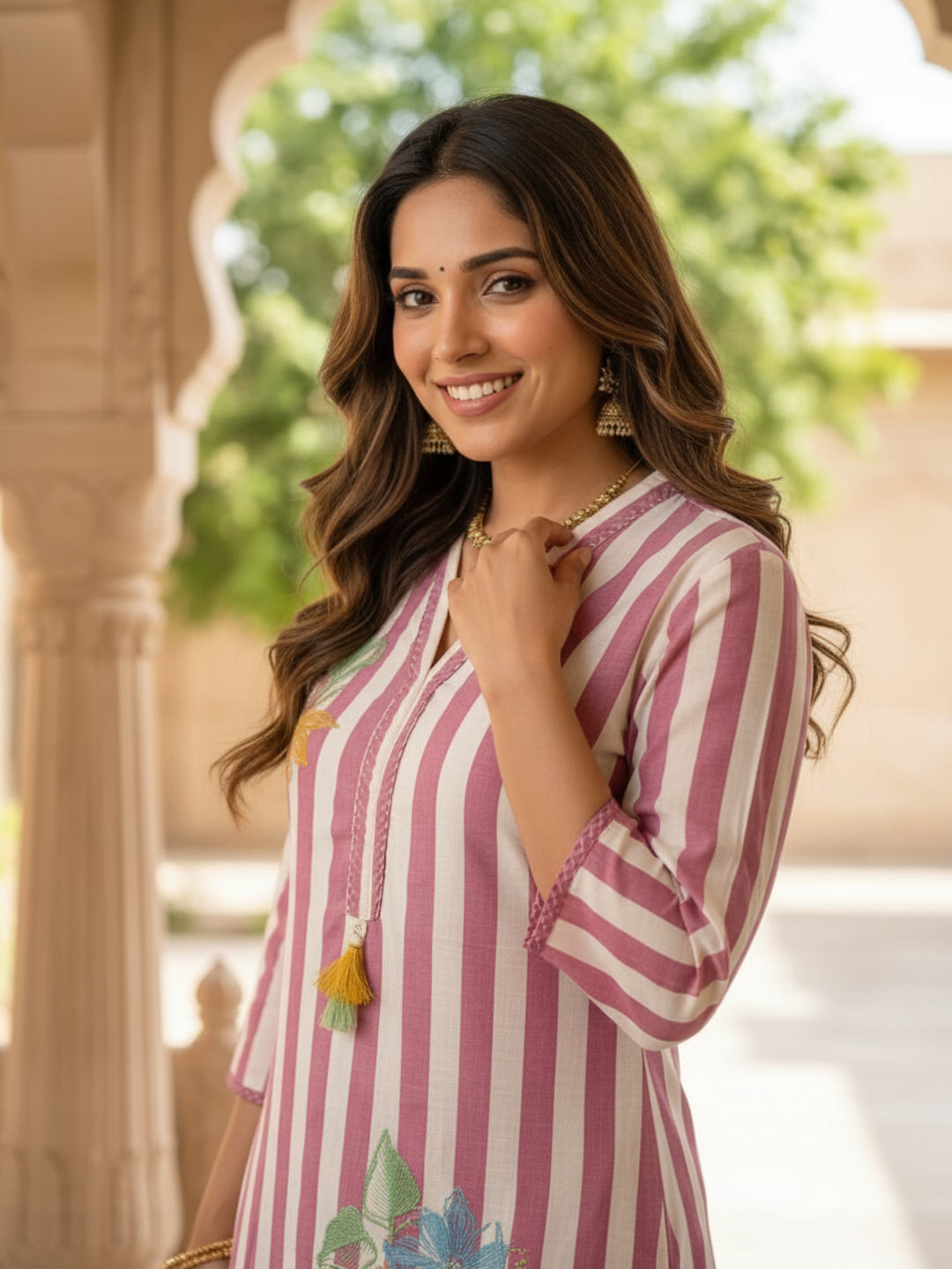 Mauve Striped Cotton Kurta Set with Floral Embroidery & Lace, Palazzo & Dupatta