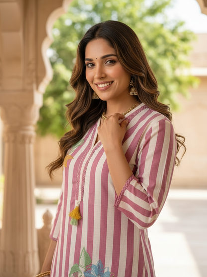 Mauve Striped Cotton Kurta Set with Floral Embroidery & Lace, Palazzo & Dupatta