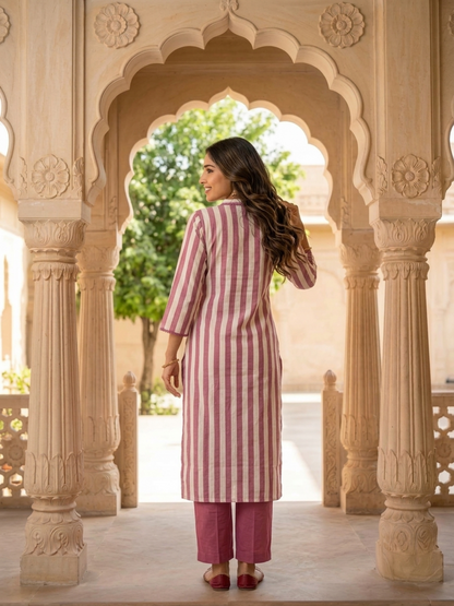 Mauve Striped Cotton Kurta Set with Floral Embroidery & Lace, Palazzo & Dupatta