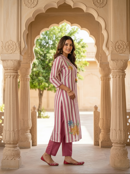 Mauve Striped Cotton Kurta Set with Floral Embroidery & Lace, Palazzo & Dupatta