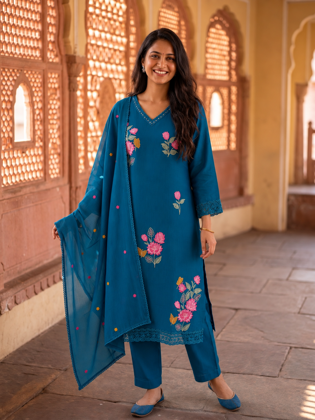 Teal Blue Muslin Silk Kurta Set with Floral Embroidery, Palazzo & Dupatta