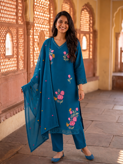 Teal Blue Muslin Silk Kurta Set with Floral Embroidery, Palazzo & Dupatta