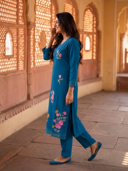 Teal Blue Muslin Silk Kurta Set with Floral Embroidery, Palazzo & Dupatta