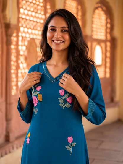 Teal Blue Muslin Silk Kurta Set with Floral Embroidery, Palazzo & Dupatta