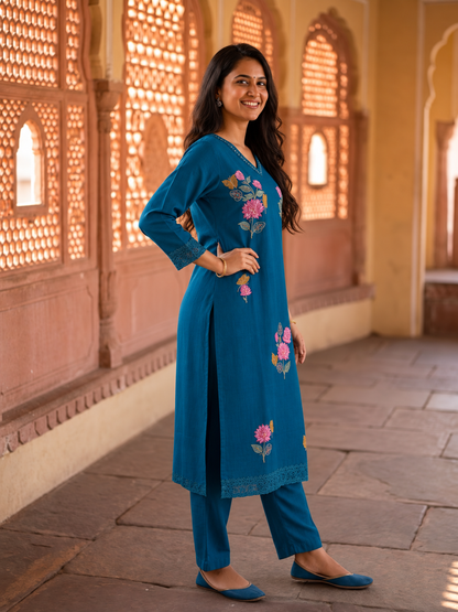 Teal Blue Muslin Silk Kurta Set with Floral Embroidery, Palazzo & Dupatta