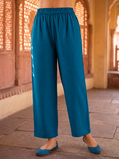 Teal Blue Muslin Silk Kurta Set with Floral Embroidery, Palazzo & Dupatta