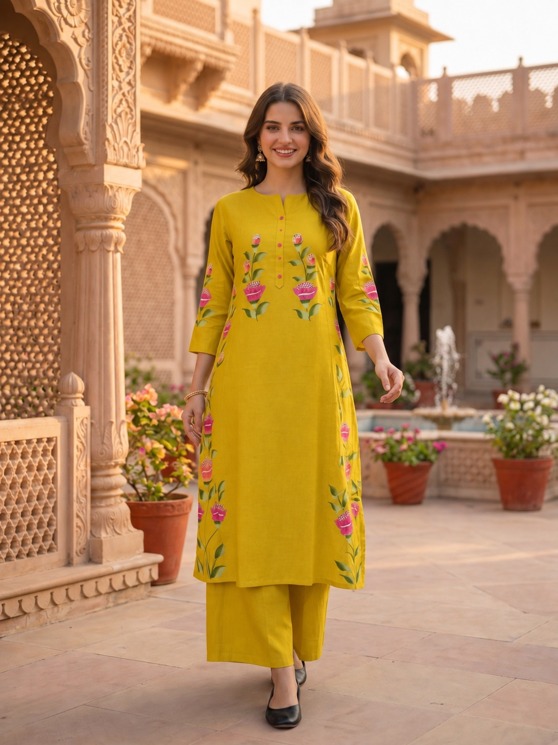 Lemon Yellow Hand-Painted Floral Muslin Silk Kurta & Palazzo Set