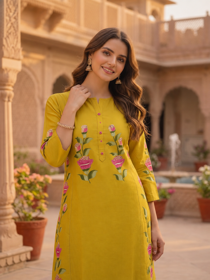 Lemon Yellow Hand-Painted Floral Muslin Silk Kurta & Palazzo Set