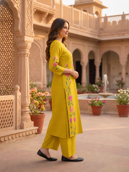 Lemon Yellow Hand-Painted Floral Muslin Silk Kurta & Palazzo Set