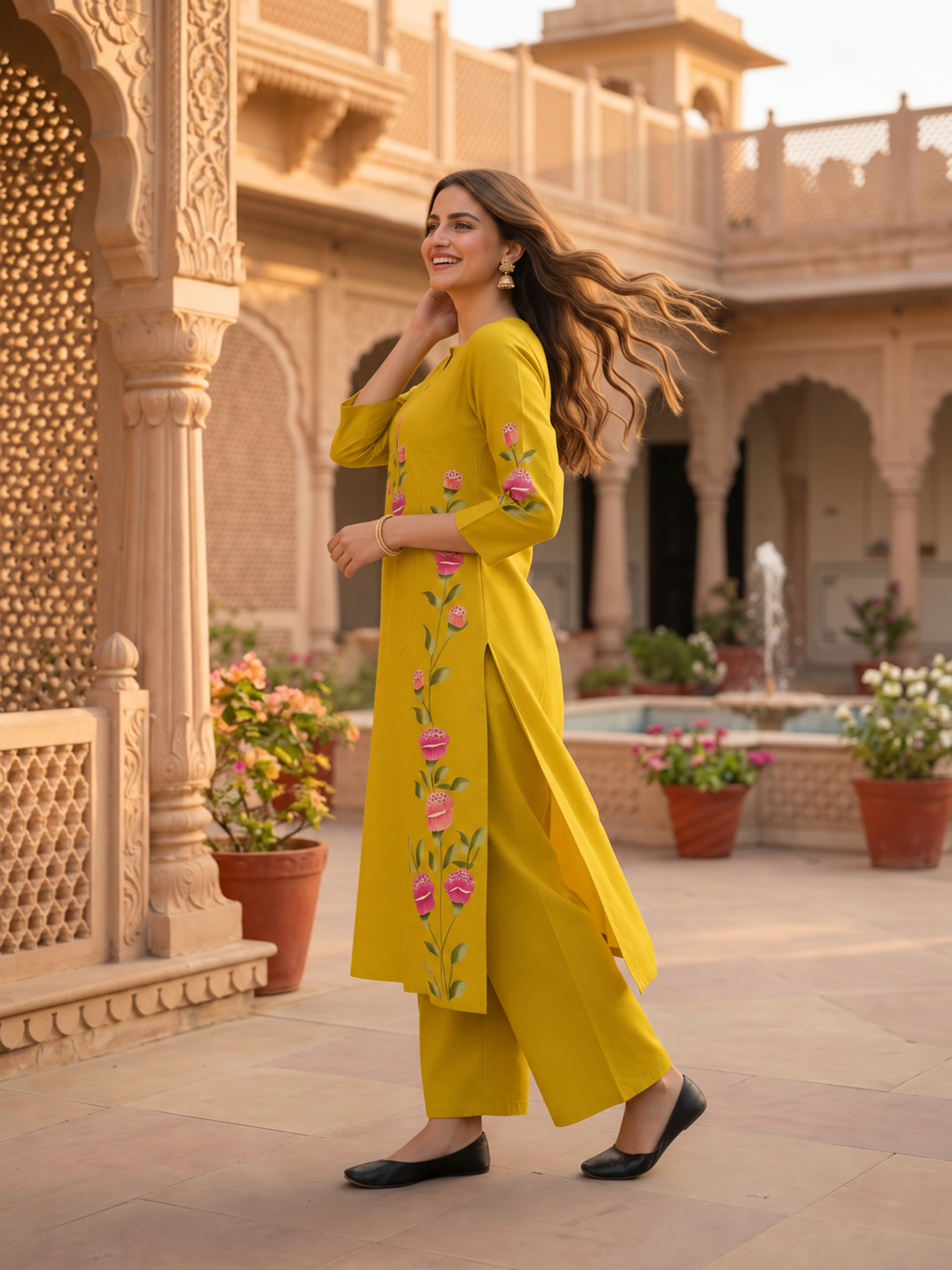 Lemon Yellow Hand-Painted Floral Muslin Silk Kurta & Palazzo Set