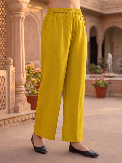 Lemon Yellow Hand-Painted Floral Muslin Silk Kurta & Palazzo Set