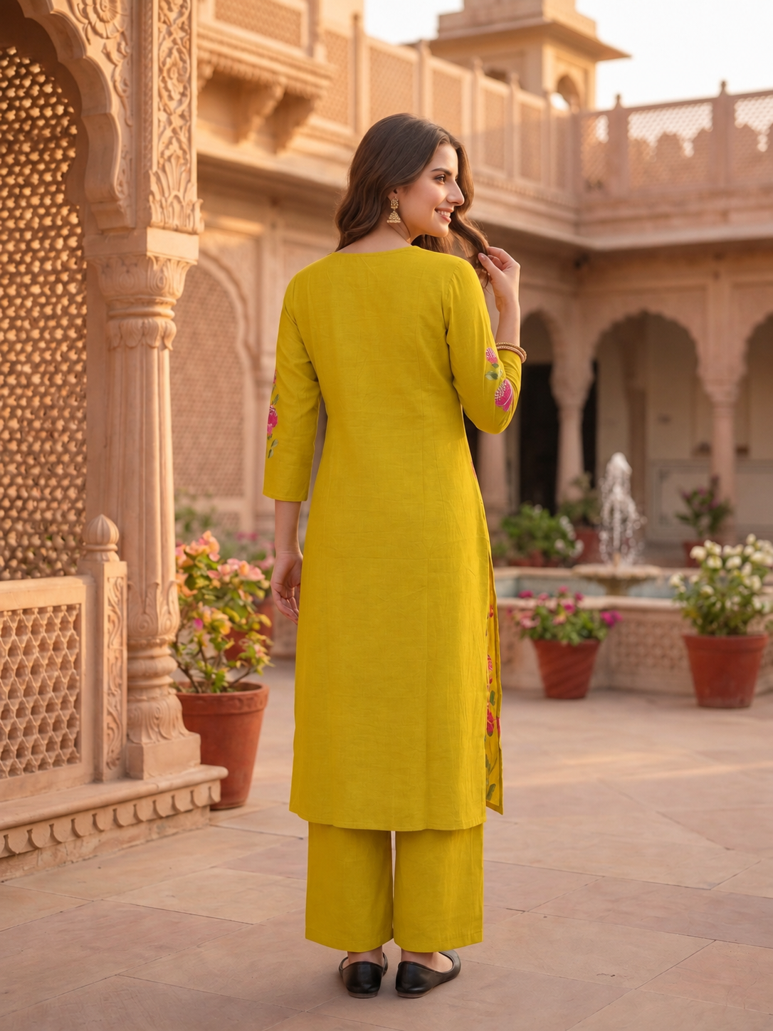 Lemon Yellow Hand-Painted Floral Muslin Silk Kurta & Palazzo Set