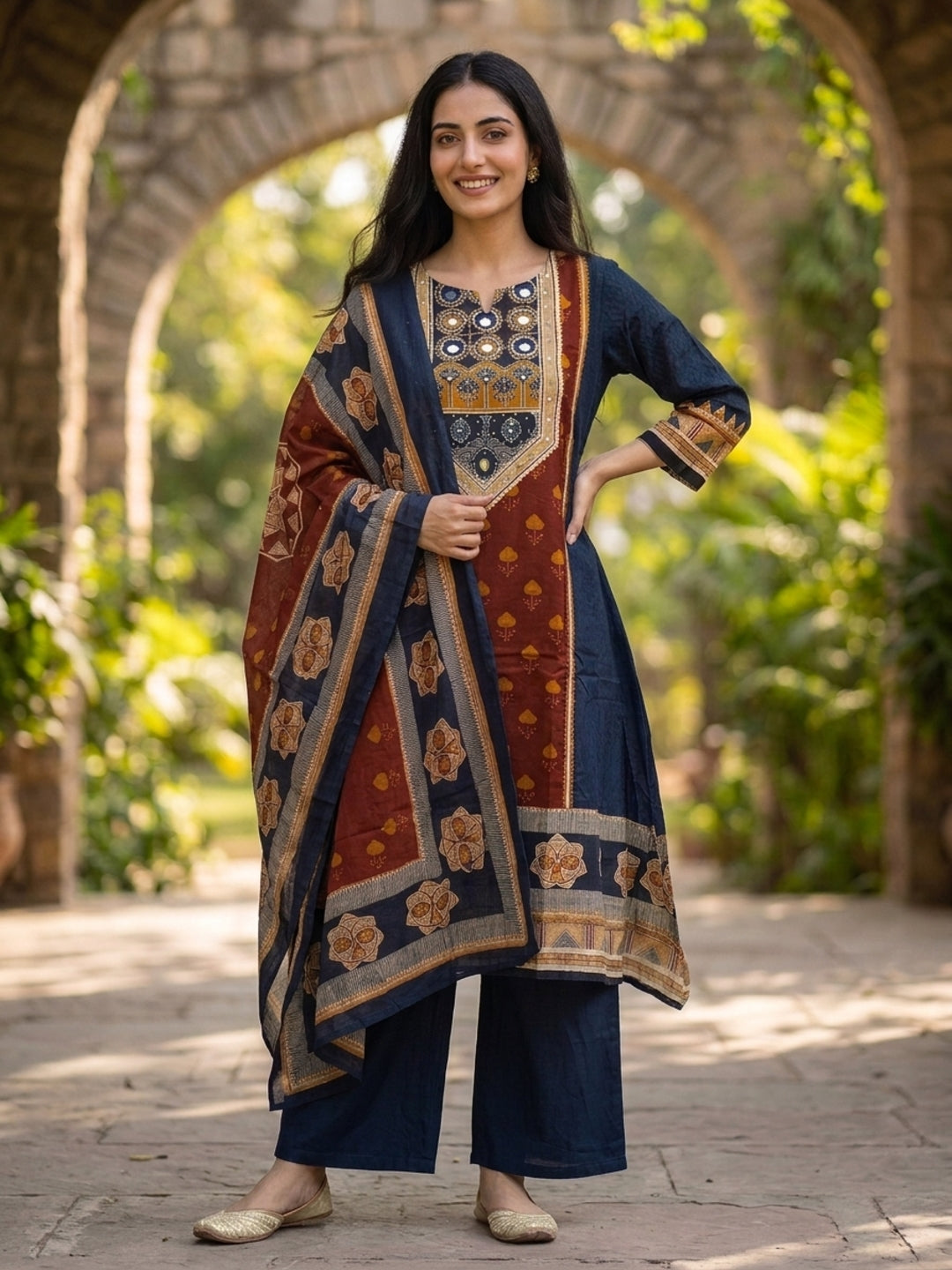 Navy Blue Floral Cotton Kurta Set with Mirror Work, Palazzo & Printed Dupatta
