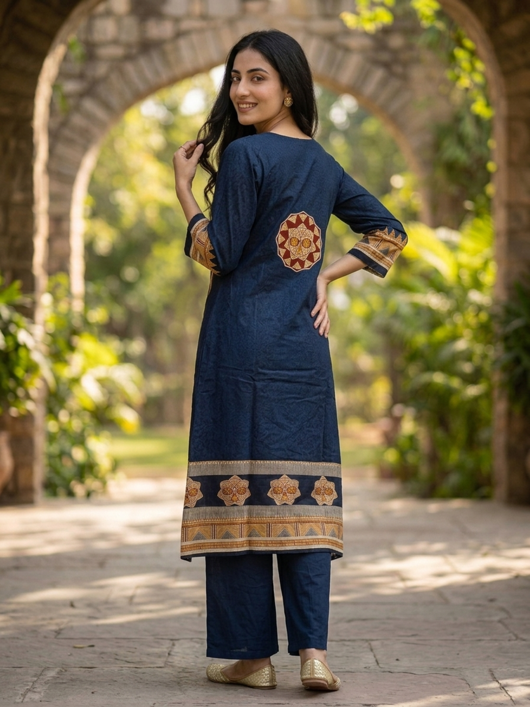 Navy Blue Floral Cotton Kurta Set with Mirror Work, Palazzo & Printed Dupatta