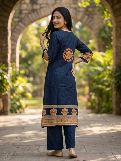 Navy Blue Floral Cotton Kurta Set with Mirror Work, Palazzo & Printed Dupatta