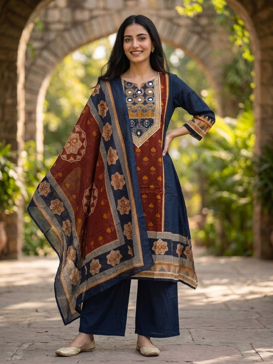 Navy Blue Floral Cotton Kurta Set with Mirror Work, Palazzo & Printed Dupatta