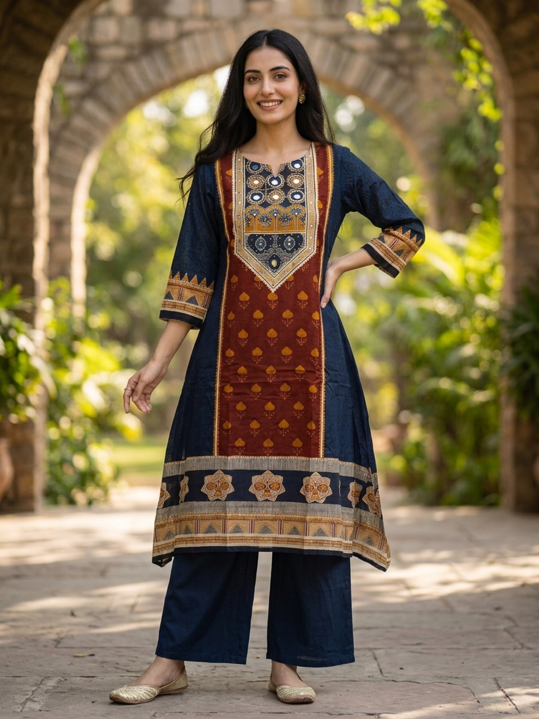Navy Blue Floral Cotton Kurta Set with Mirror Work, Palazzo & Printed Dupatta
