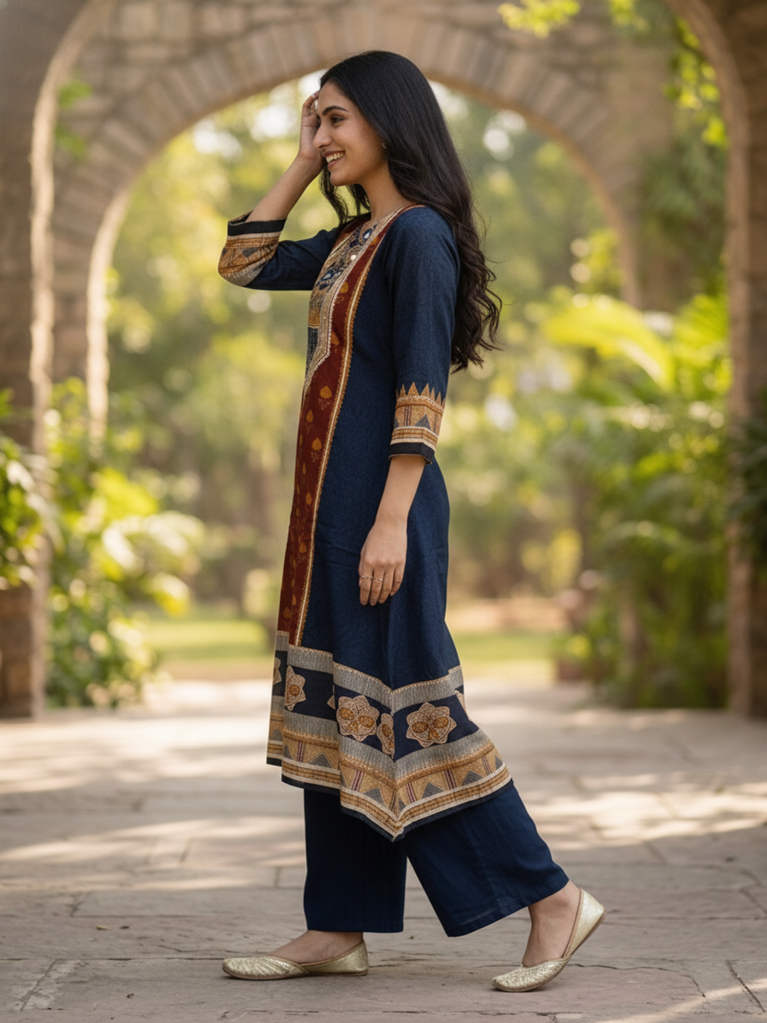 Navy Blue Floral Cotton Kurta Set with Mirror Work, Palazzo & Printed Dupatta