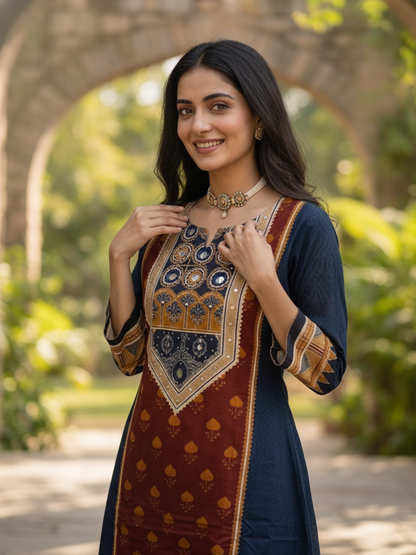 Navy Blue Floral Cotton Kurta Set with Mirror Work, Palazzo & Printed Dupatta