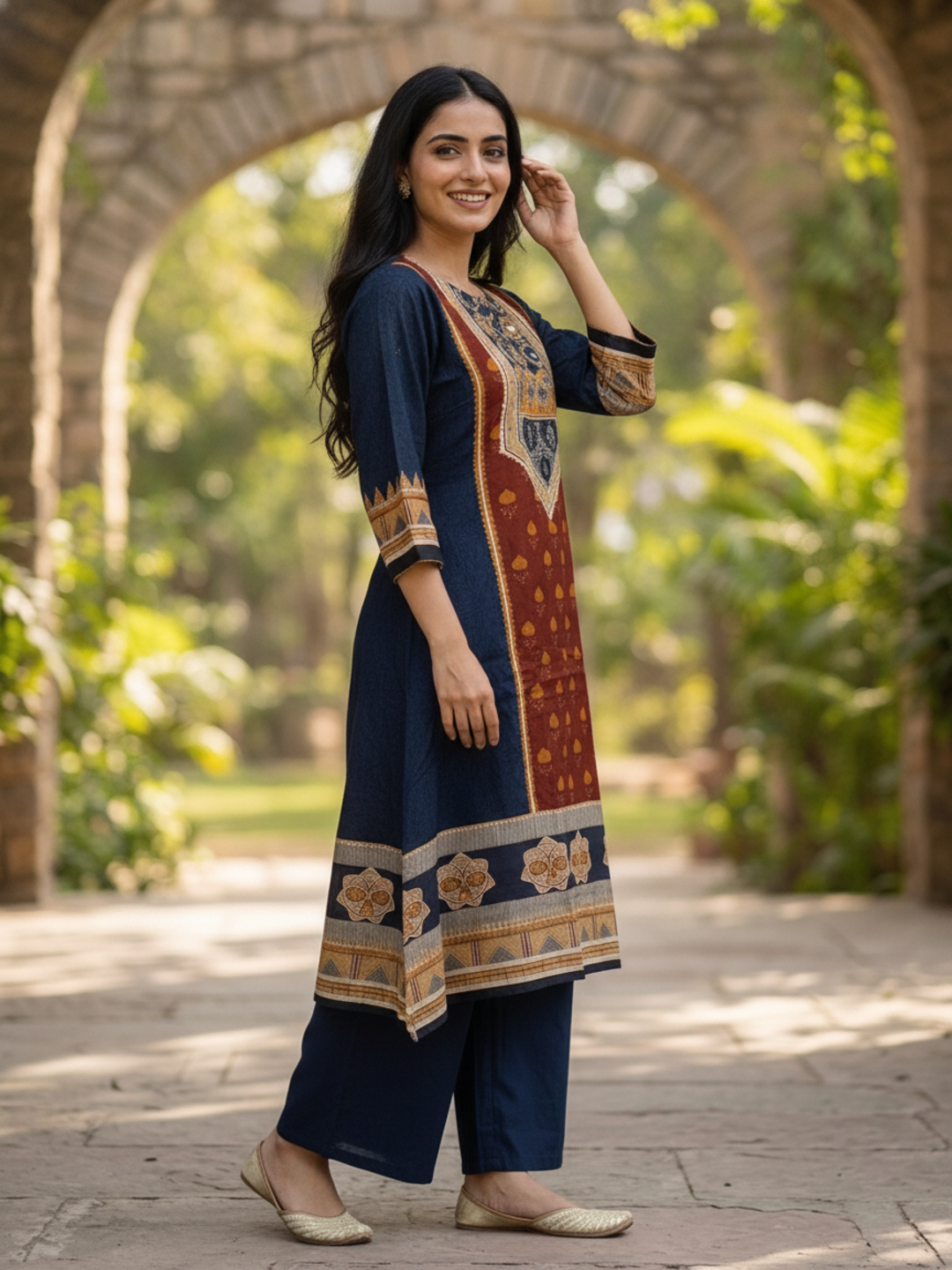 Navy Blue Floral Cotton Kurta Set with Mirror Work, Palazzo & Printed Dupatta