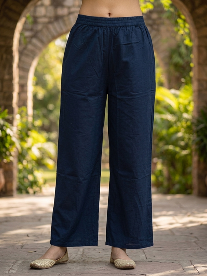 Navy Blue Floral Cotton Kurta Set with Mirror Work, Palazzo & Printed Dupatta