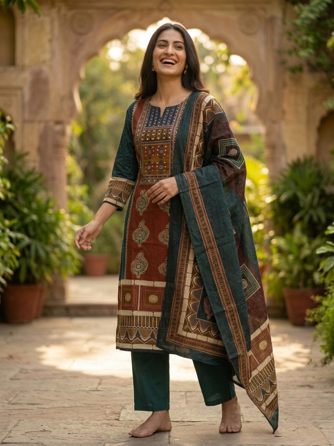 Bottle Green Floral Cotton Kurta Set with Mirror Work, Palazzo & Printed Dupatta