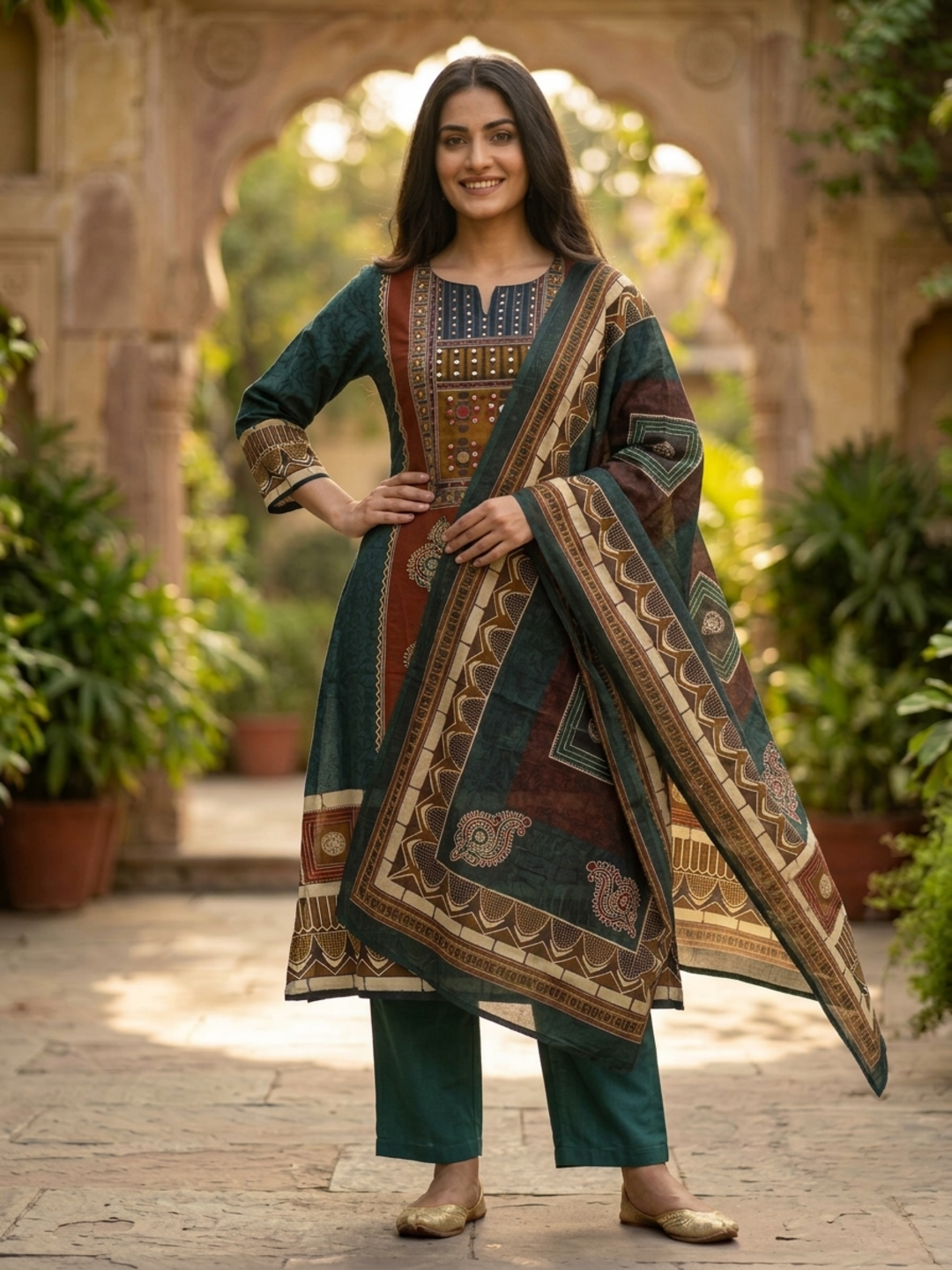 Bottle Green Floral Cotton Kurta Set with Mirror Work, Palazzo & Printed Dupatta