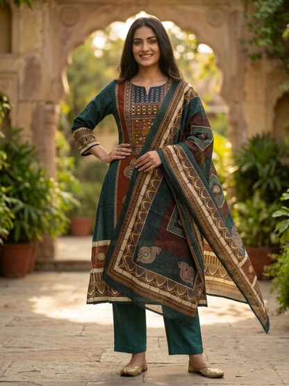 Bottle Green Floral Cotton Kurta Set with Mirror Work, Palazzo & Printed Dupatta