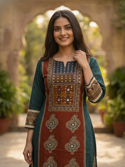 Bottle Green Floral Cotton Kurta Set with Mirror Work, Palazzo & Printed Dupatta